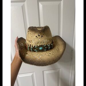 Straw Western Cowgirl Hat with Turquoise Beaded Band